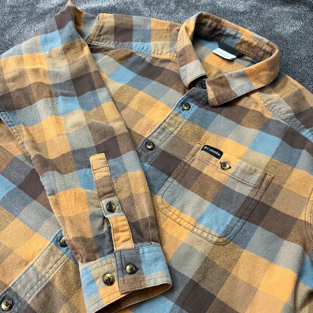 Columbia Mens Flannel Shirt Plaid Button Down Yellow Blue Brown Workwear Size XL